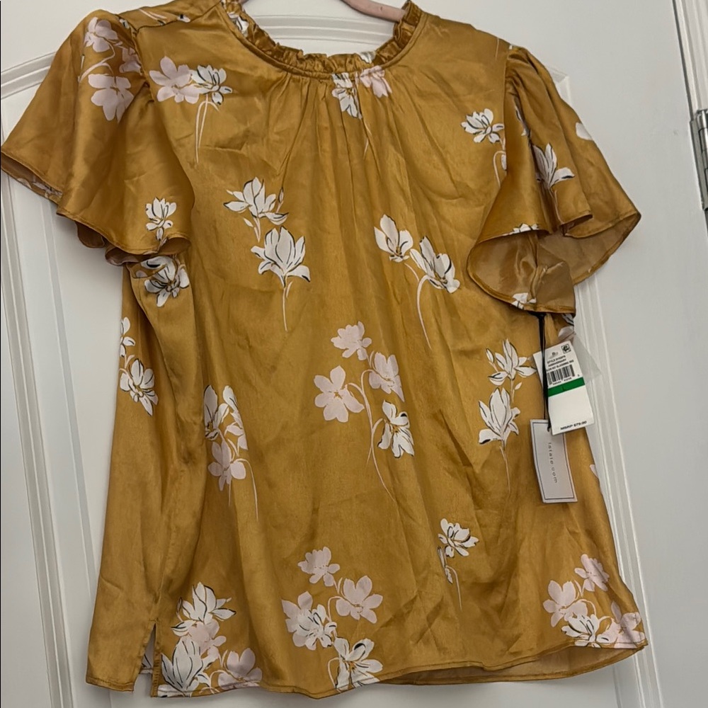 Gold and White Flutter Sleeve Blouse with Peter Pan Collar